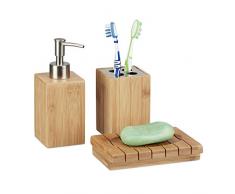 Relaxdays Accessoires salle de bain bambou Set 3 pièces distributeur savon gobelet brosse à dent porte-savon, nature