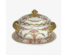 Better & Best Soperita P Forero Oro Plat rond en céramique, avec poignées en bronze, avec couvercle et assiette, décoré avec motifs floraux, dimensions 16 x 12 x 12 cm,