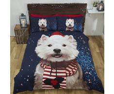 Rapport Parure de lit avec Motif Westie Comprenant Une Housse de Couette et Deux taies dâOreiller en Coton et Polyester, Taille King Size - Bleu