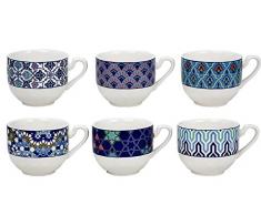 Ardtime EC-6AZTAS 6 Tasses en Porcelaine Design azulejos/Style Ethnique, Oriental, Bleu, mÃ©ditÃ©ranÃ©e, Monde, Asiatique, Japonais, CÃ©ramique, Blanc, 10 x 13 x 9 cm