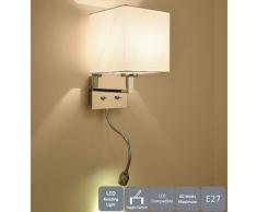 AUROLITE Bianco E27/ES Applique murale haut/bas avec 2 interrupteurs à bascule, finition chromée polie, abat-jour en tissu blanc, forme carrée et lampe de lecture