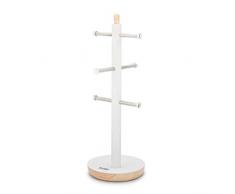 Tower T826032G Arbre à tasses de cuisine, gamme Scandi, bras en acier inoxydable, base antidérapante, mat avec accents effet bois, blanc, Taille unique