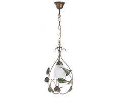 ONLI - Lampe Ã suspension en mÃ©tal marron avec nuances dorÃ©es et feuilles vertes. Verre ivoire satinÃ© nuancÃ© ambre