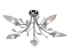 Oaks Lighting Cyprus Lustre 5 lampes pour plafond bas finition chrome brillant avec abat-jours feuille en verre transparent et décorés de gouttes en cristal