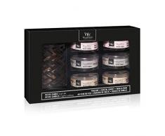 WoodWick Deluxe coffret cadeau bougies parfumÃ©es, 6 petites bougies avec mÃ¨ches qui crÃ©pitent et 1 photophore Ã chevrons