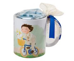 Mopec Enfant Communion Tasse en vélo avec boîte Cadeau et 7 Bonbons, Porcelaine, Blanc et Jaune, 8,20 x 8,20 x 9,5 cm