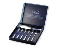 Bleu Italien 25/15 cm Porcelaine et Acier Inoxydable Pelle à Tarte et 6 fourchettes à gâteau, Lot de 6, Bleu/Blanc