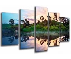 Tableau Moderne Photographique, Impression sur bois, Paysage naturel, maison au bord du lac, forêt de réflexion de leau, 165 x 62 cm, ref. 27100