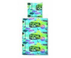 Biberna Housse de couette enfant, motifs bus, coloris vert, bleu turquoise, 100% coton, 135x200 cm + 1 taie doreiller 80x80 cm, 44741/225/001