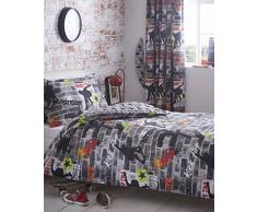 Kidz Club Lit Double Housse de Couette et taie doreiller Parure de lit pour Adolescents Skateboards et Graffitis â Gris