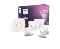 Philips Hue Kit de démarrage Ampoules LED Connectées White Ambiance & Color Ambiance GU10 Pack de 3, Pont et télécommande Smart Button Fonctionne avec Alexa