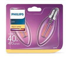 Philips ampoule LED Flamme Filament E14 4.3W Equivalent 40W Claire Blanc chaud pack de 2