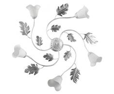 ONLI - Plafonnier 5 bras en mÃ©tal blanc avec nuances argent. Abat-jours en verre blanc satinÃ©