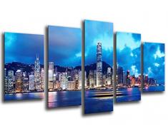 Tableau Moderne Photographique, Impression sur bois, Ville Hong Kong, Gratte-ciel de nuit, 165 x 62 cm, ref. 26011