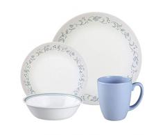 CORELLE Service de Vaisselle pour 4 Personnes 16 pièces en Verre Vitrelle résistant Motif Country Cottage Vert/Bleu