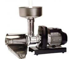 Presse-tomates avec moteur moteur asynchrone monophasé à 2 broches. Corps machine, Capsule et carter en fonte daluminium uNI50 brillantinato pour aliments. Engrenage Nylon, Transporteur à vis en PA, arbre en acier F37. Filtre, égouttoir