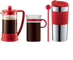 Bodum - K10948-294 - Set CafetiÃ¨re Ã Piston 3 Tasses, 0.35l - Mug de Voyage Inox 0.35l - Verre Ã CafÃ© 0,3 L - MÃ©langeur 20 cm - Rouge