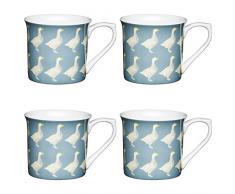 Kitchencraft Fine oies cannelÃ© Ã Motif Bird Tasses, 300Â ML (Lot de 4), Porcelaine Anglaise, Bleu/Gris, 11.5Â x 8.5Â x 8Â cm
