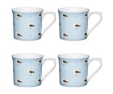 Kitchencraft Fine Seagull cannelÃ©e ImprimÃ© Bird Tasses, 300Â ML (Lot de 4), Porcelaine Anglaise, Bleu, 11.5Â x 8.5Â x 8Â cm