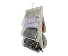 Rebecca SRL Rangement Sac Serviette 5 Poches Beige Tissu Transparent Organisation Armoire Buanderie (Cod. RE4734)