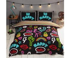 Rapport Funky Neon Parure de lit rÃ©versible Ã Rayures, Polycoton, Noir , King
