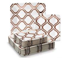 SERVICE DE VAISSELLE DE FÃTE JETABLE 36 PCS, 18 assiettes à dîner, 18 assiettes à salade ou dessert, pour mariages et dîners de haut standing, Carré métallisé rose - collection Moroccan