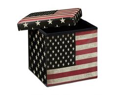 Relaxdays 10019050 Tabouret pliant coffre de rangement pliable banc de stockage avec couvercle amovible 38 x 38 x 38 cm pouf en similicuir repose-pieds table appoint motifs tendances USA