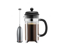 Bodum K1918-01-2 Schiuma Cafetière à Piston avec 8 Tasses et Mousseur à Lait Verre Noir 1 L