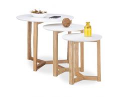 Relaxdays Tables gigognes rondes blanches lot de 3 bois de chêne salon salle à manger chevet 50, 35, 30 cm design nordique moderne retro, blanc nature