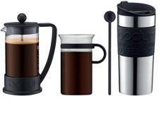 Bodum - K10948-01 - Brazil Set - CafetiÃ¨re Ã Piston 3 Tasses - 0.35 L + Mug de Voyage Isotherme Inox 0.35 L + Tasse Verre avec Anse 0.3 L + MÃ©langeur 20 cm, Noir
