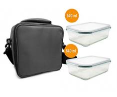 NERTHUS FIH 465 Lunch Bag Gris + 2 Rec, Sac Thermique de Transport daliments, avec 2 contenants hermétiques en Verre, Taille Unique