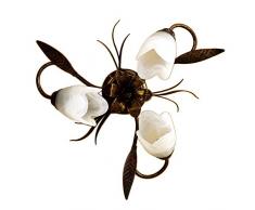 ONLI - Plafonnier 3 lumières en métal marron avec nuances dorées et verres tulipe blancs satinés