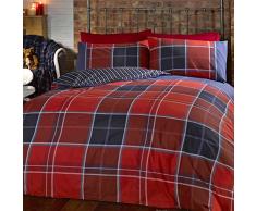 Just Contempo Parure de lit moderne avec housse de couette réversible à imprimé rayures et carreaux style tartan, Mélange de coton, Rouge (blanc/bleu), Housse de couette double (chambre de garçon)