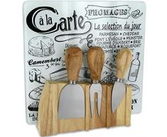 Totally Addict KA1732 Plateau à fromage et ses 3 ustensiles couteau fourchette hachette Avec support aimanté Bois inox et verre Beige gris et noir H22 x 4 x 21 cm