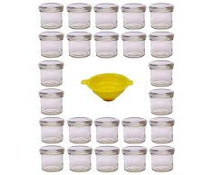Viva Haushaltswaren G1130125/24T/silber/X Lot de 24 Petits bocaux de Confiture avec couvercles argentés 125 ML Entonnoir de Remplissage Jaune avec Dispositif darrêt Inclus