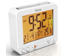 Hama Réveil radio-piloté RC 550 (fonction de veilleuse commandée par capteur, fonction de répétition de la veille, affichage de la température, la date, 9,5 cm) Blanc