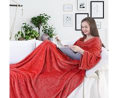 DecoKing Couverture en Microfibre avec Manches et Poches en Microfibre Polaire Douce et Douillette 170 x 200 cm, Microfibre, Rouge, 170 x 200 cm