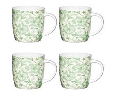Kitchencraft Fine Feuille de botanique Tonneau ImprimÃ© Nature Tasses, 425Â ML (Lot de 4), en Porcelaine, Vert/Blanc, 8.9Â x 12.4Â x 9Â cm