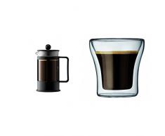 Bodum 1783-01 Kenya CafetiÃ¨re Ã Piston 3 Tasses 0.35 L Noire + Set de 2 verres Double Paroi Assam 9 cl