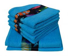 Dyckhoff 756496400, 6 pièces, Motif Poissons Bleu qualité, 450 g/m² 2 Serviettes de Bain et Serviettes de Bain 70 x 140 cm et 4 Serviettes 50 x 100 cm 100% Coton