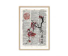 CUADRIMAN Design Tableau Fleur Asiatique, Bois, Blanc et Noir, 62Â x 42Â cm