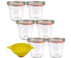 Viva Haushaltswaren Lot de 6 Petits bocaux Hauts à Bord Arrondi avec Pinces, Anneaux 290 ML + Entonnoir avec système de Blocage Jaune