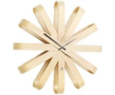 UMBRA Ribbonwood clock. Horloge murale silencieuse Ribbonwood. En bois naturel, aguilles noires. Dimension 51.4cm de diamÃ¨tre et 9.5cm dÃ©paisseur.