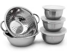 Relaxdays 10019118 Lot de 5 pièces empilables 3 bols en acier inoxydable avec couvercle 1 saladier 1 Passoire Inox mélanger conserver, argenté -30 x 24 x 10 cm
