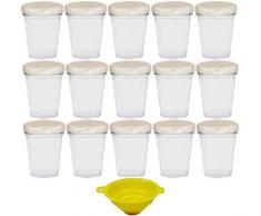 Viva Haushaltswaren Lot de 15 Mini Lunettes de verre/80 ML Bocaux à Confiture avec couvercles à vis farbenem Argent pour épices confitures chutneys, Desserts, etc. + Entonnoir Jaune