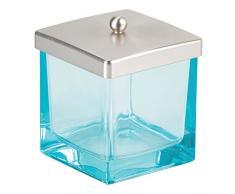 iDesign 24432EU Conteneur Casilla pour Maquillage et cosmÃ©tiques avec Couvercle pour Plan de Travail de Salle de Bain ou Coiffeuse Nickel, Glass, Bleu/BrossÃ©, 8,7 x 8,7 x 10,4 cm