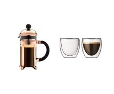 Bodum 1923-18 Chambord CafetiÃ¨re Ã Piston pour 3 Tasses, Verre Cuivre 35 cl + Set de 2 Verres Pavina 8cl