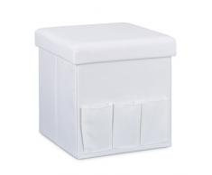 Relaxdays Tabouret de rangement pliant en lin 3 poches pouf pliable avec couvercle coffre repose-pieds 38 x 38 x 38 cm, blanc