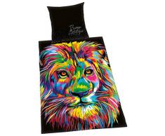 Herding BUREAU ARTISTIQUE Parure de Lit Lion, Réversible, Housse de Couette 135 x 200 cm, Taie dOreiller 80 x 80 cm, Coton/Satin