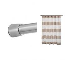 InterDesign iDesign Tringle Extensible pour Rideau de Douche, Petite Barre de Douche en Acier Inoxydable, argenté Mat & AmazonBasics Rideau de Douche en Tissu imprimé 180 x 180 cm Rayures Taupe